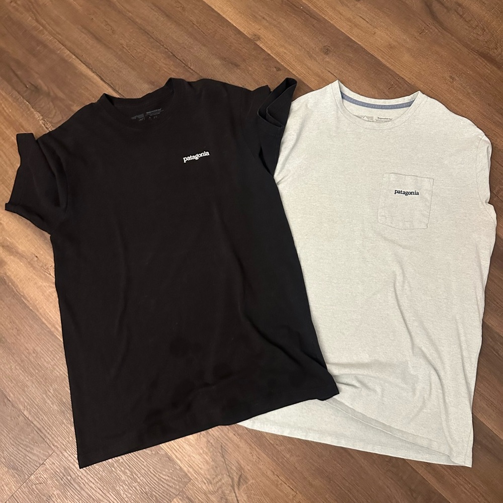 TWO Patagonia Men's Black and Light Gray Short Sleeve Tees